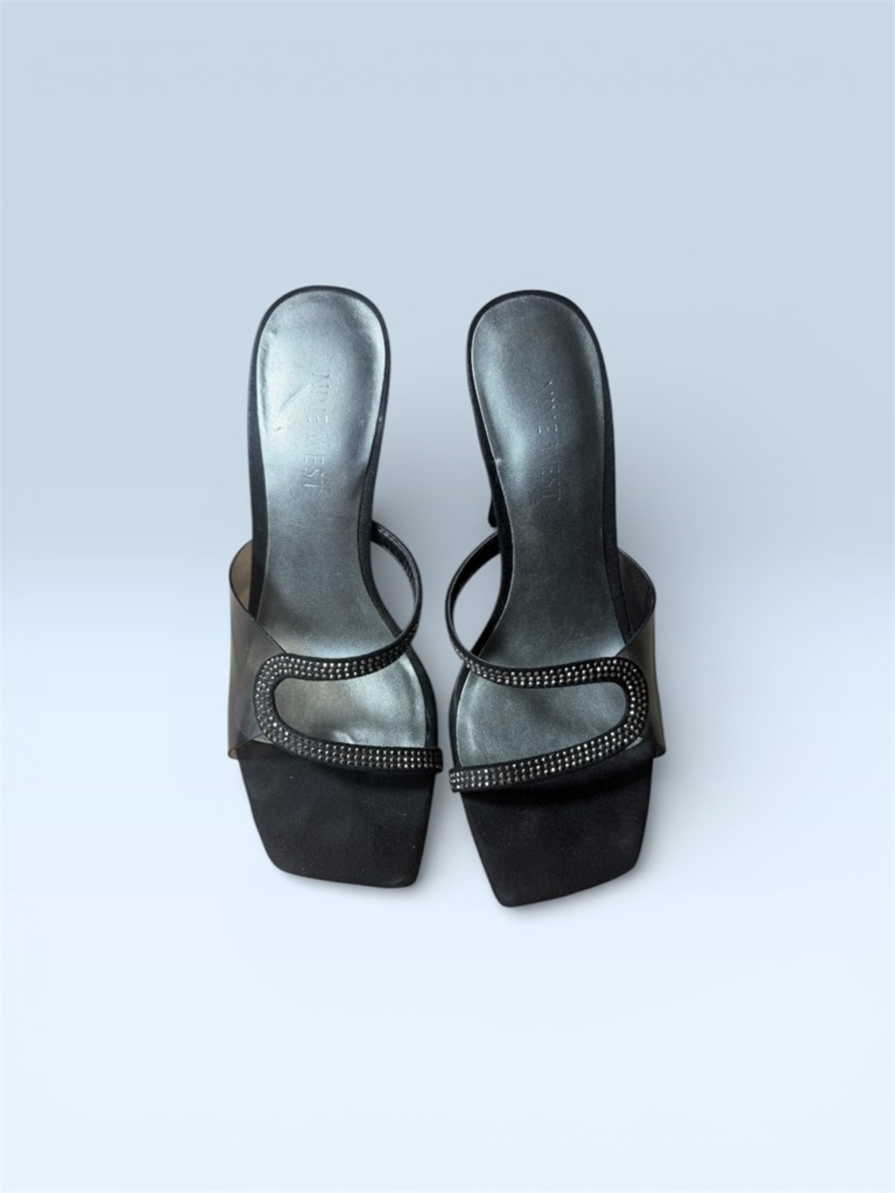 Black Crystal-Trim Slip-On Heeled Sandals